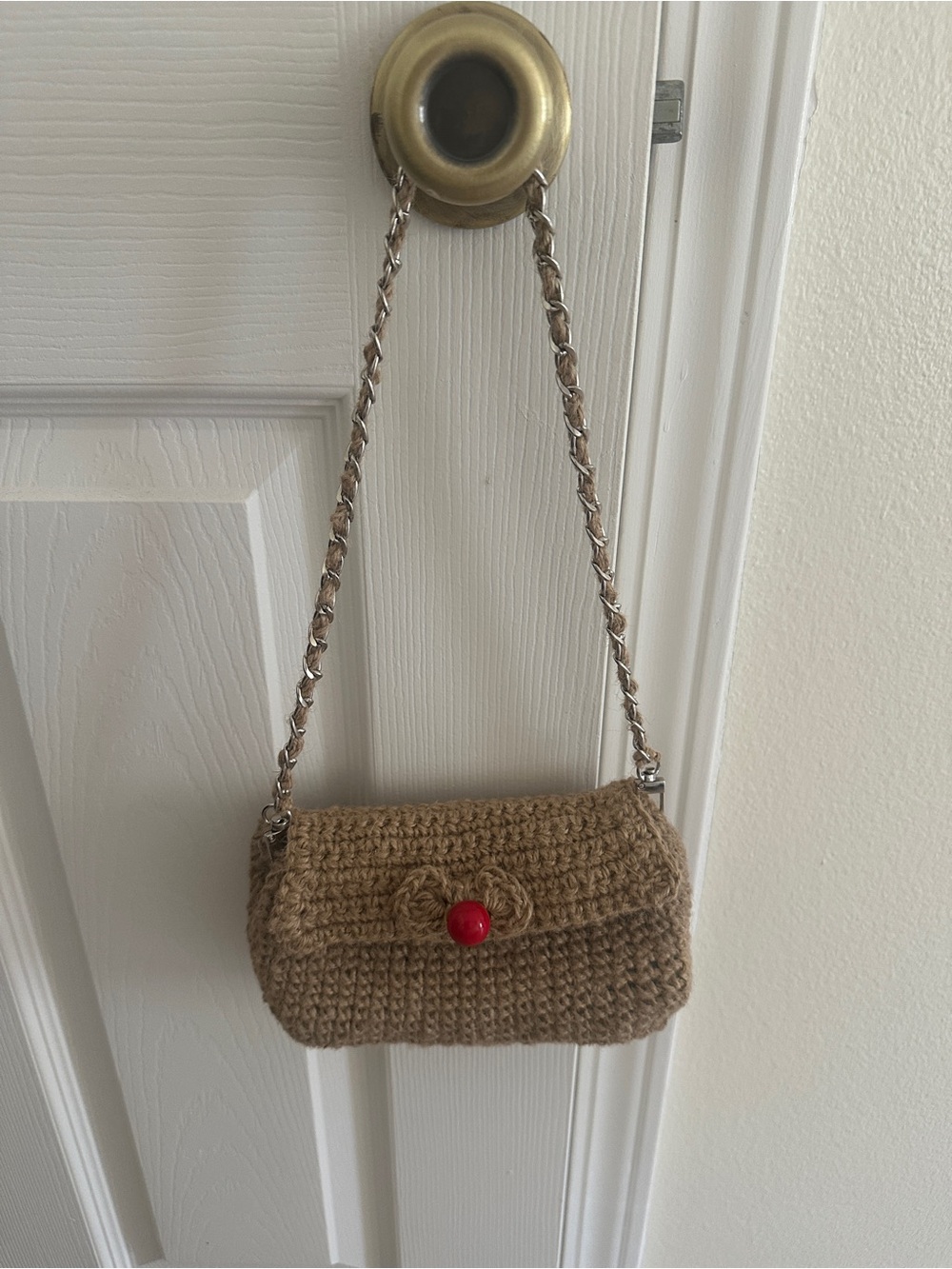 Handmade Tan Crochet Shoulder Bag with Red Button Accent